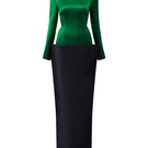 I.H.F green and black v-line taffeta gown featuring a round neck and column silhouette with a dark green satin silk lower skirt.