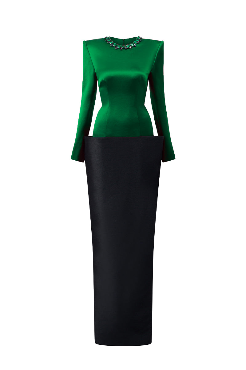 I.H.F green and black v-line taffeta gown featuring a round neck and column silhouette with a dark green satin silk lower skirt.