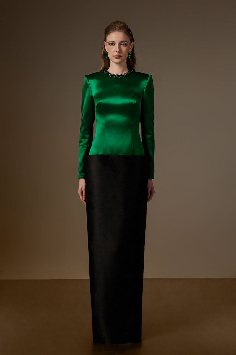 I.H.F green and black taffeta gown with a V-line lower skirt and round neckline, featuring elegant bamboo taffeta and dark green satin silk.