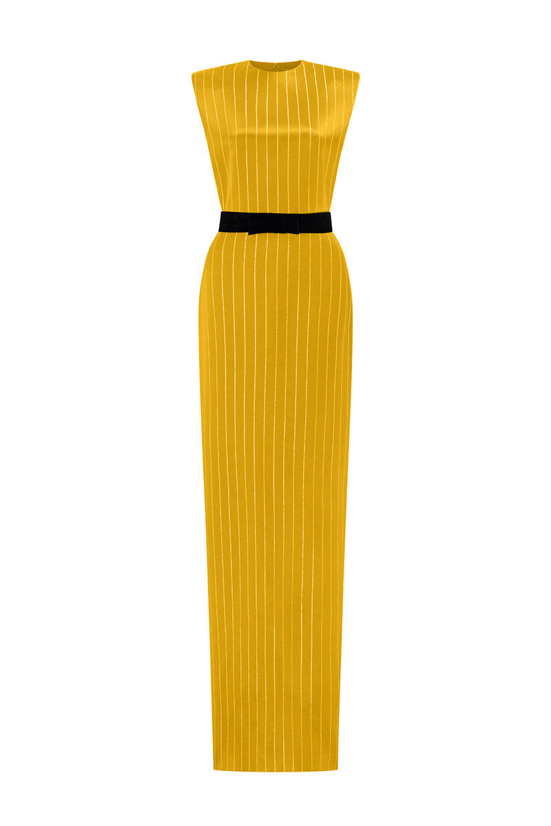 I.H.F striped yellow silk gown displayed on a hanger with flowing fabric and elegant design.