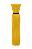 I.H.F striped yellow silk gown displayed on a mannequin with a flowing design and elegant pattern.