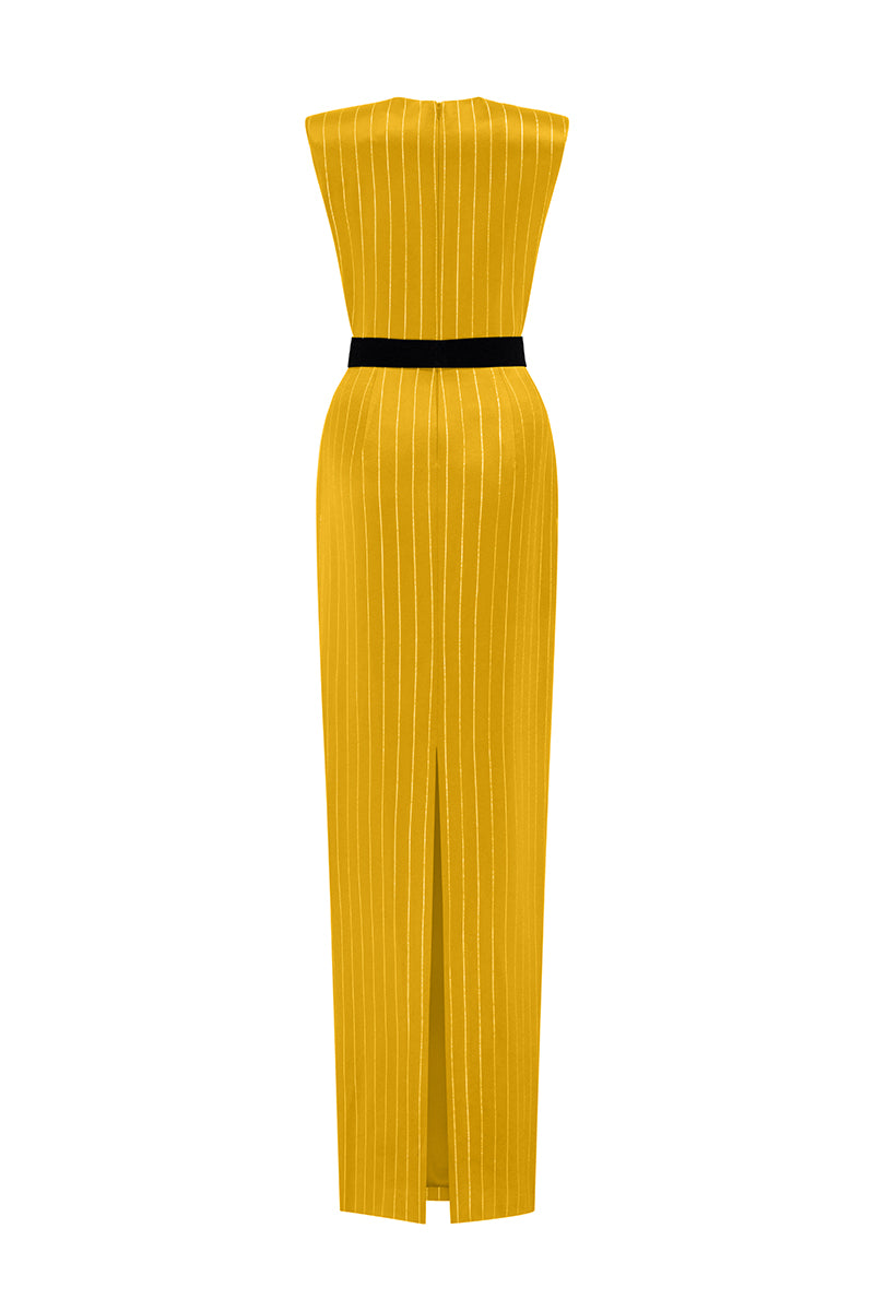 I.H.F striped yellow silk gown displayed on a mannequin with a flowing design and elegant pattern.