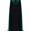 Elegant I.H.F green and black draped crepe and taffeta gown with a V-neck and column silhouette.
