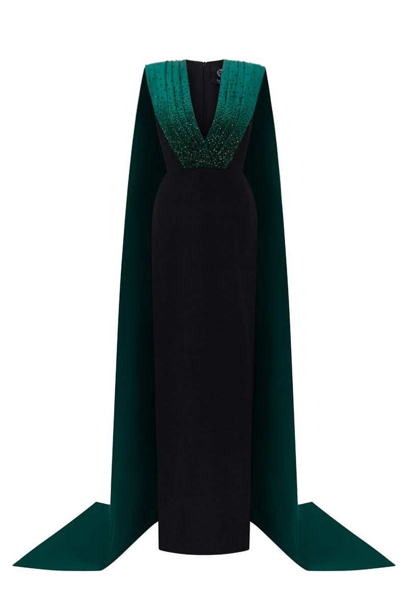 Elegant I.H.F green and black draped crepe and taffeta gown with a V-neck and column silhouette.