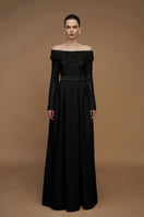Elegant crepe de chine and silk taffeta gown by I.H.F, featuring flowing fabric and intricate design details.