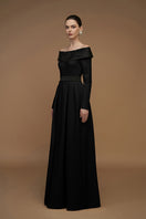 Elegant crepe de chine and silk taffeta gown by I.H.F, featuring flowing fabric and sophisticated design.