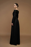 Elegant crepe de chine and silk taffeta gown by I.H.F, showcasing flowing fabric and refined design in a formal evening style.