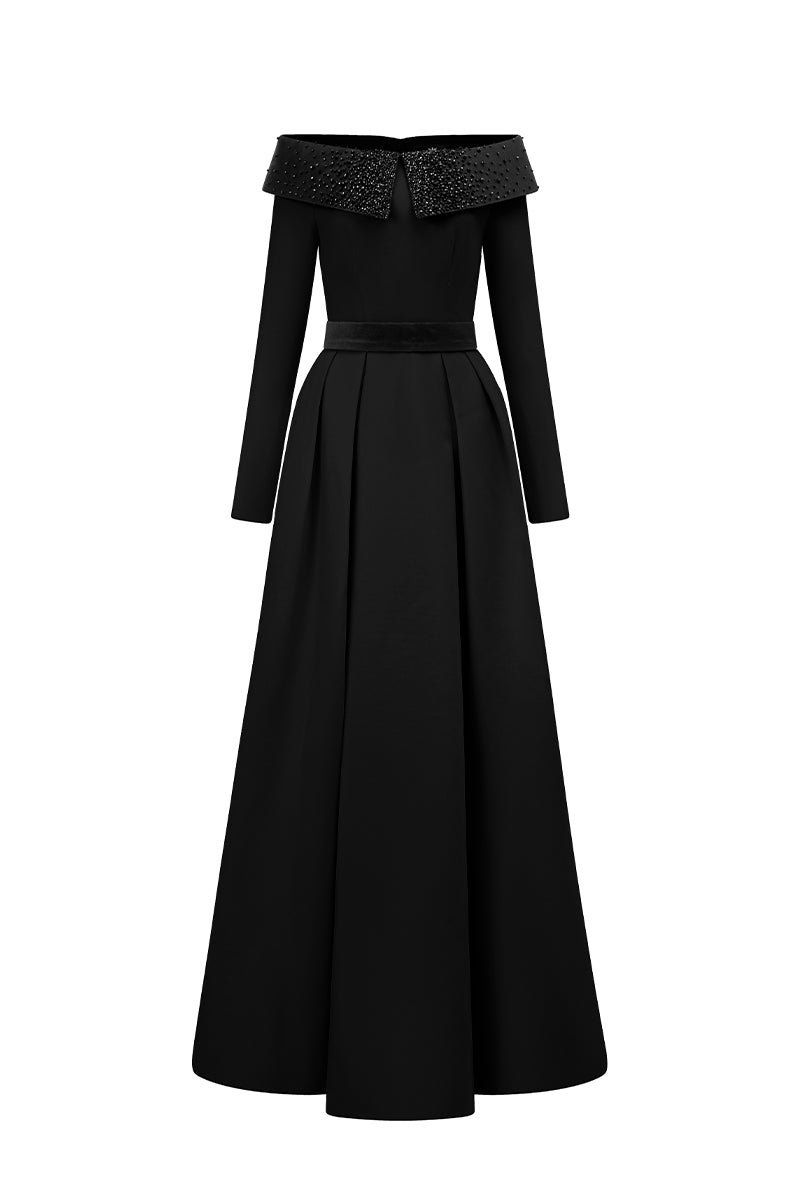 BLACK STONE-EMBELLISHED LONG-SLEEVE GOWN | CULT MIA | Tracy Studio BLACK STONE-EMBELLISHED LONG-SLEEVE GOWN | CULT MIA | Tracy Studio