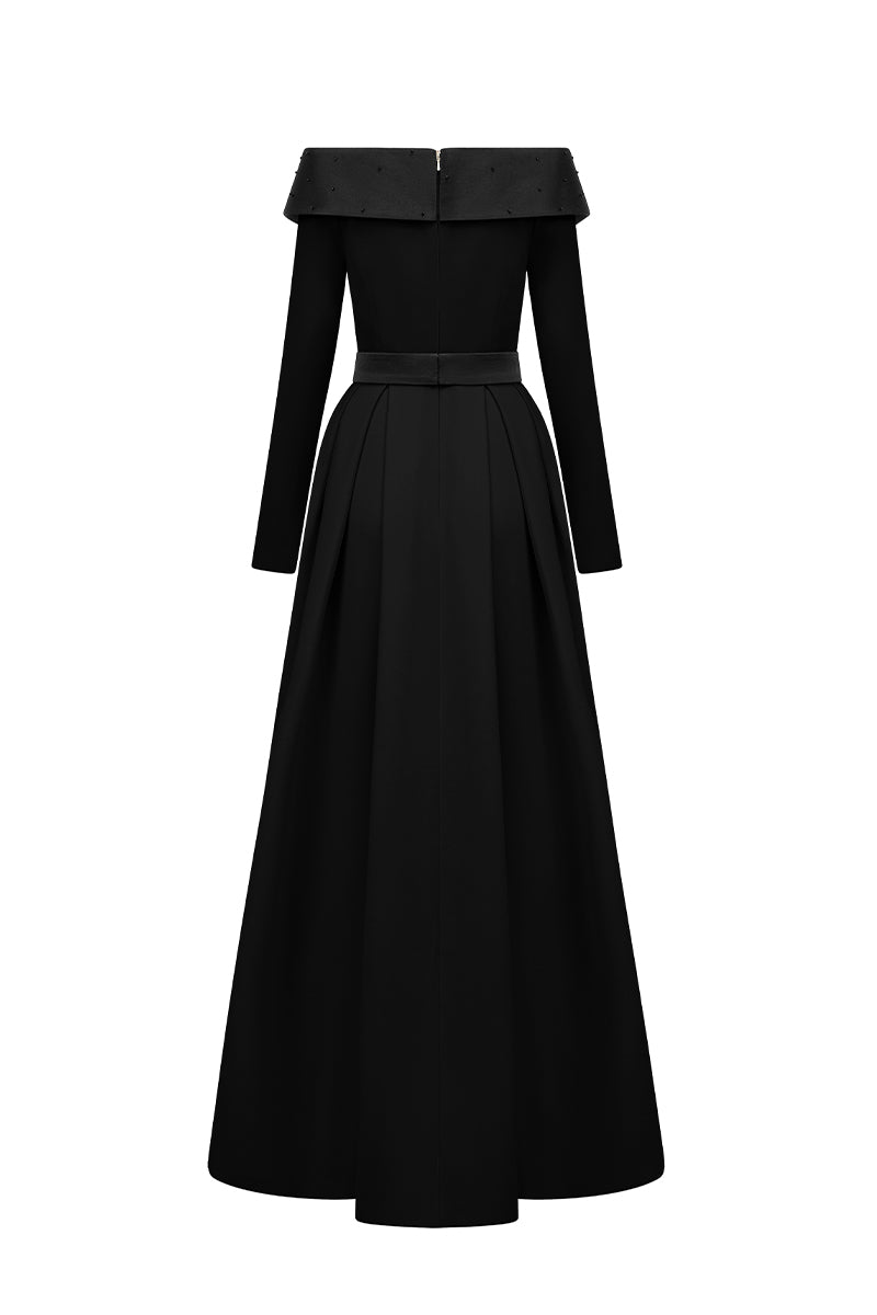 Elegant I.H.F crepe de chine and silk taffeta gown with flowing fabric and intricate detailing, perfect for formal occasions.