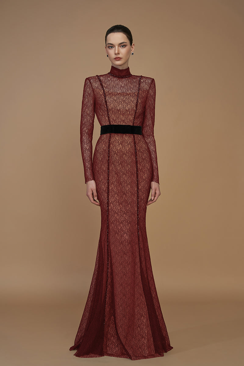 VINE GUIPURE LACE AND LYON VELVET LIPSTICK GOWN