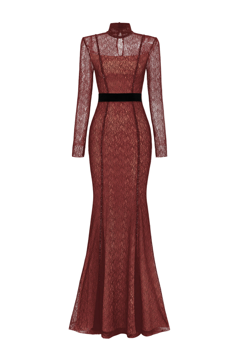VINE GUIPURE LACE AND LYON VELVET LIPSTICK GOWN - CULT MIA
