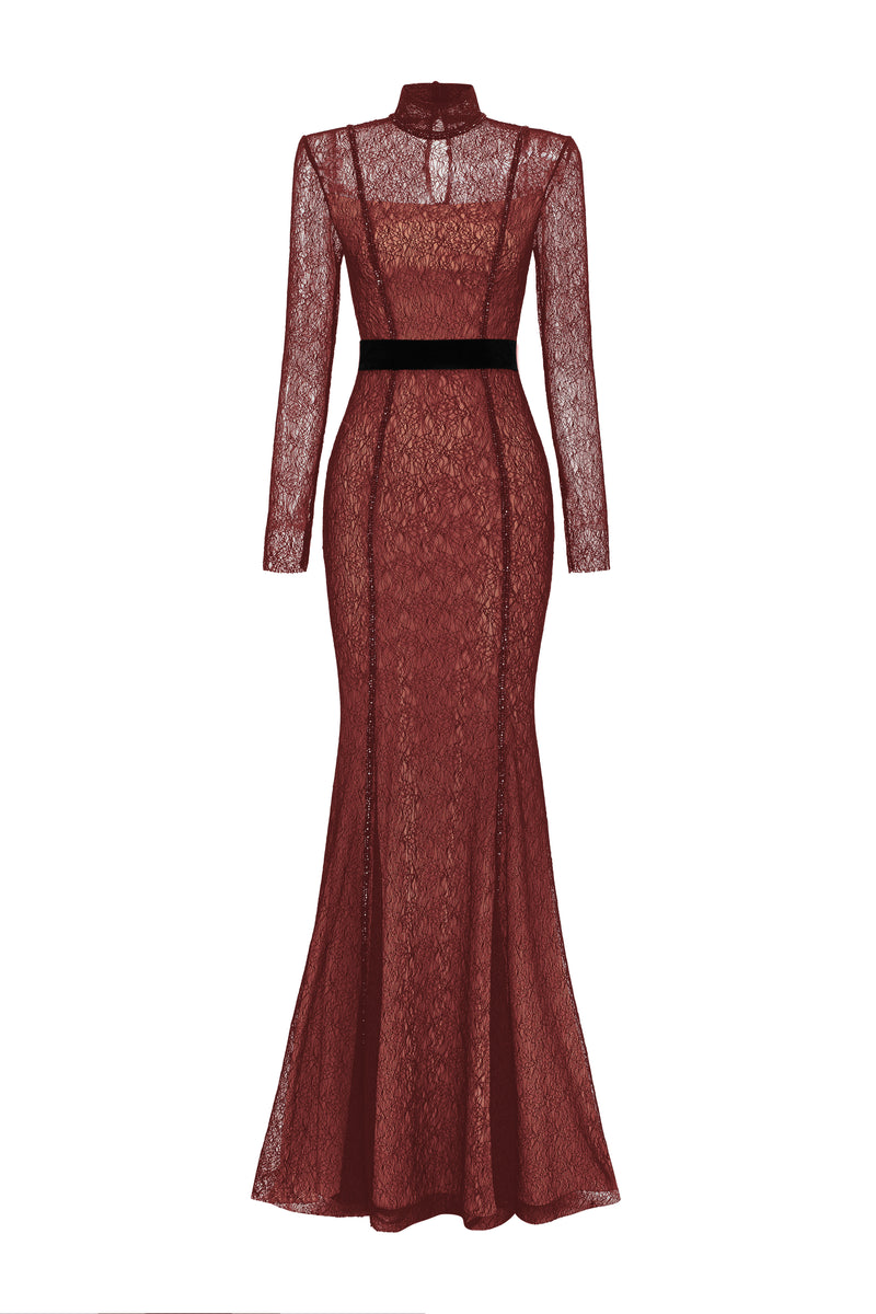 VINE GUIPURE LACE AND LYON VELVET LIPSTICK GOWN