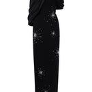 Black ELODIE draped V-neck column gown by I.H.F featuring elegant silk satin and crepe fabric with sophisticated draped details.