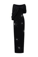Black ELODIE draped V-neck column gown by I.H.F featuring elegant silk satin and crepe fabric with sophisticated draped details.