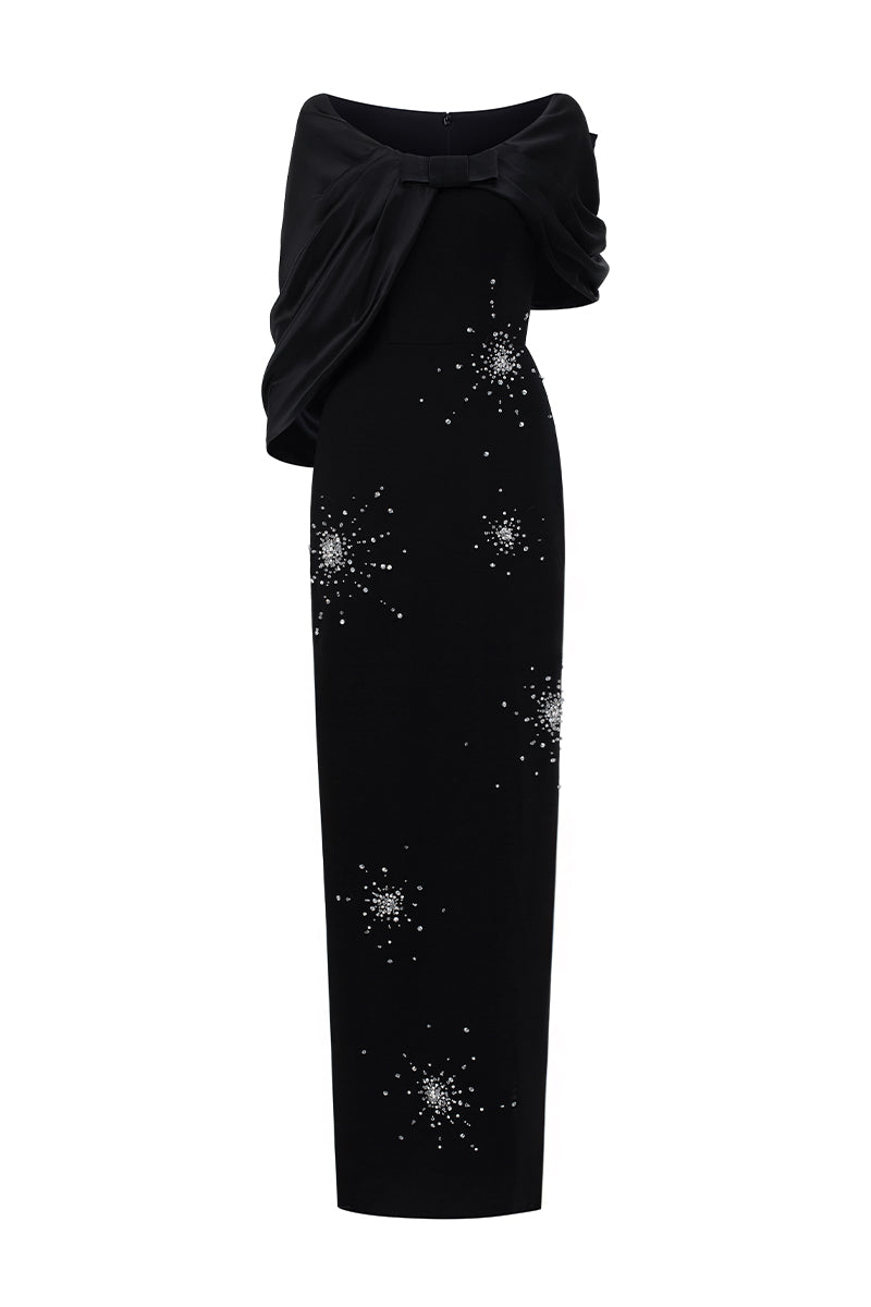 Black ELODIE draped V-neck column gown by I.H.F featuring elegant silk satin and crepe fabric with sophisticated draped details.