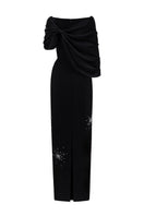 Elegant black ELODIE gown by I.H.F featuring a draped V-neck design in crepe and satin silk fabric.