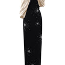 Black and beige ELODIE gown by I.H.F featuring a draped V-neck design in crepe and satin silk, full-length column style.