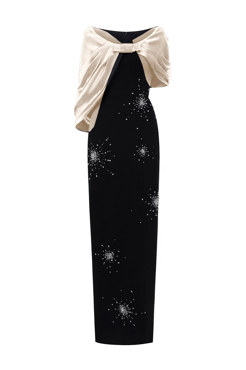 Black and beige ELODIE gown by I.H.F featuring a draped V-neck design in crepe and satin silk, full-length column style.