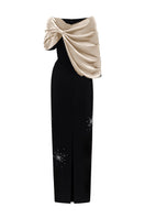 Black and beige ELODIE gown by I.H.F featuring a draped V-neck design in crepe and satin silk fabric.