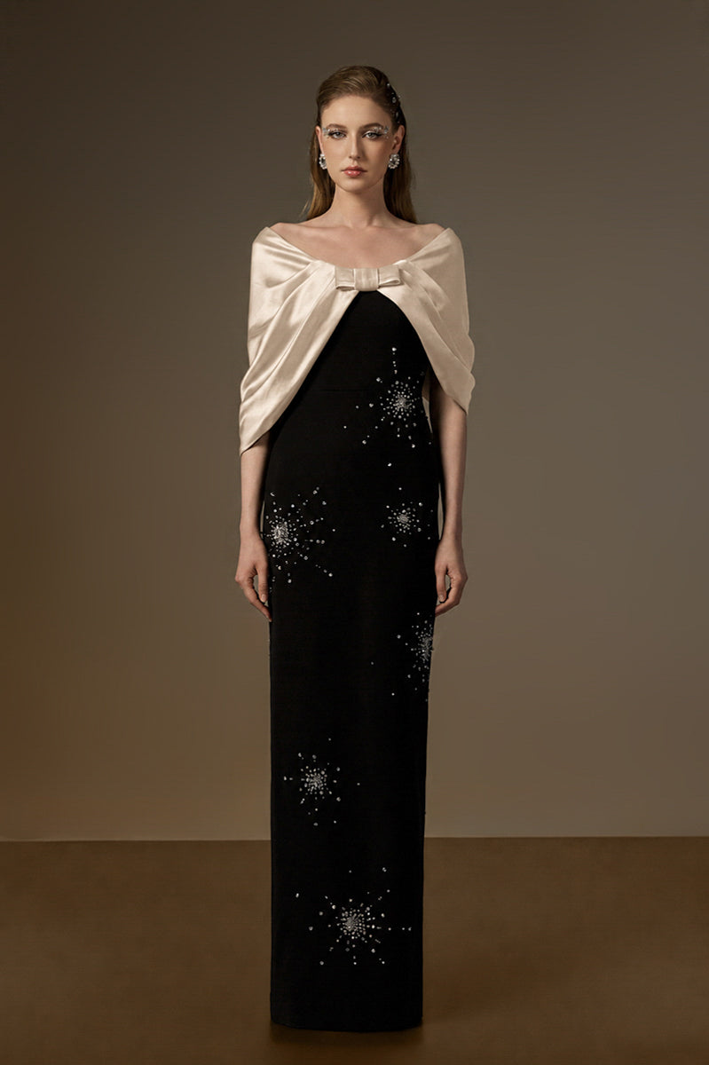 Black and beige ELODIE gown by I.H.F featuring a draped V-neck design in crepe and satin silk fabric.