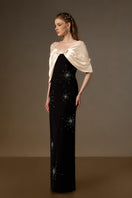 Elegant black and beige draped V-neck column gown by I.H.F featuring crepe and satin silk fabric details.