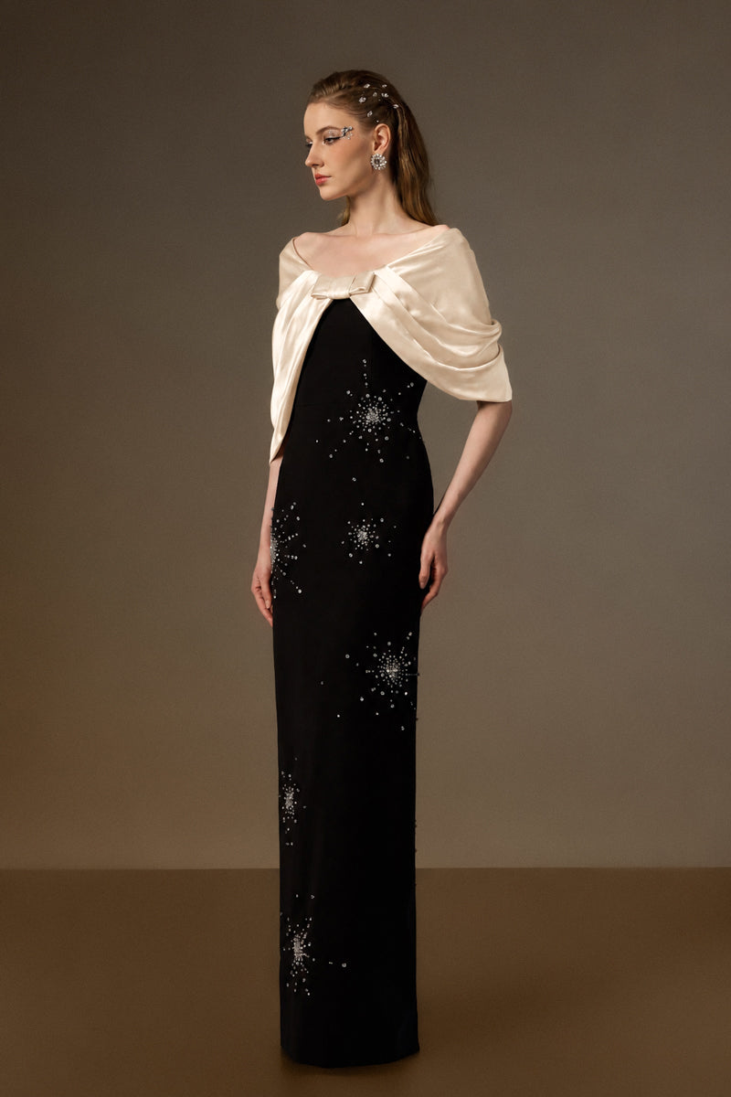 Elegant black and beige draped V-neck column gown by I.H.F featuring crepe and satin silk fabric details.