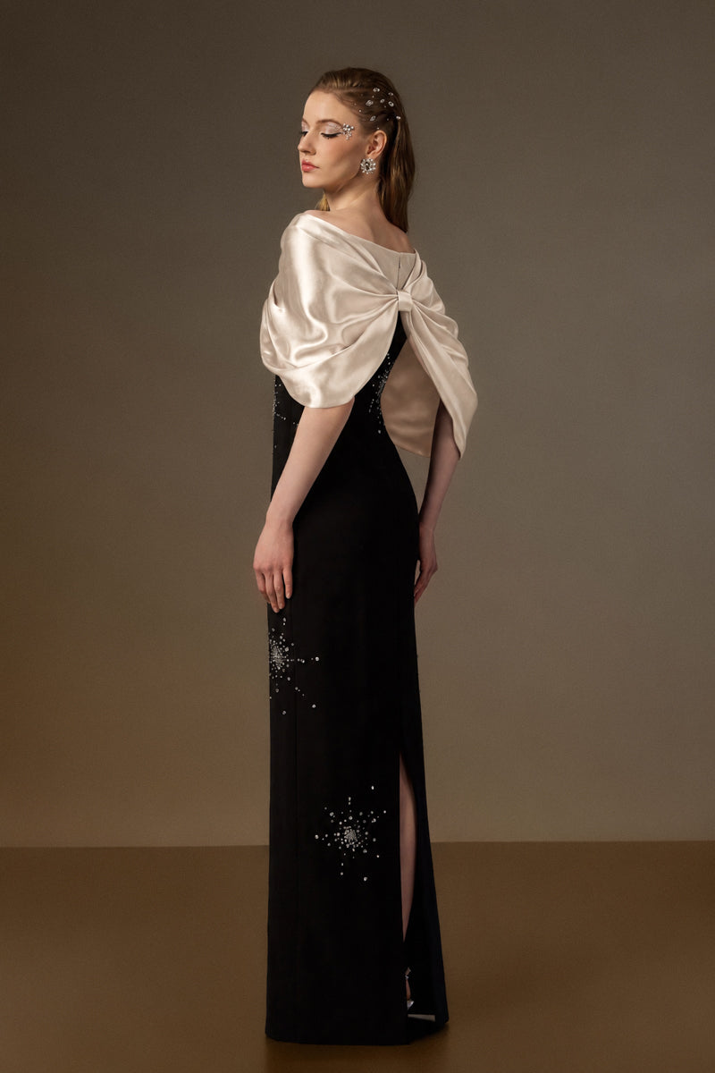 Black and beige ELODIE gown by I.H.F with draped V-neck design, crafted from crepe and satin silk fabric.