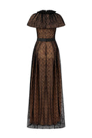 Black Vine Guipure Lace Gown by I.H.F, featuring intricate lace details and elegant flowing design.