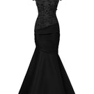 Black gown by I.H.F featuring guipure lace overlay and taffeta silk lining, elegant and sophisticated for formal occasions.