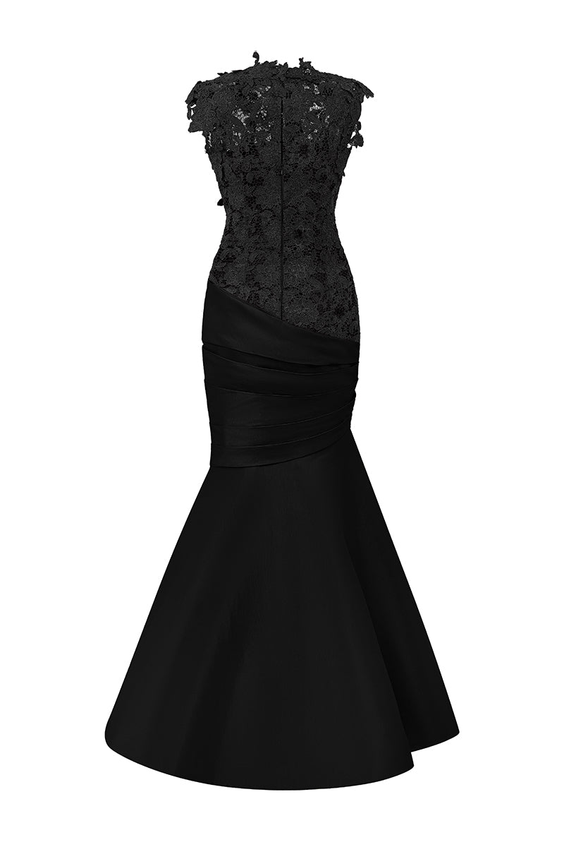 Black gown by I.H.F featuring guipure lace overlay and silk taffeta lining, elegant and sophisticated for formal occasions.