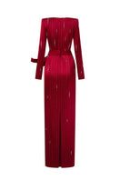 Red metallic belted Marisol gown by I.H.F featuring a trapeze neckline and flowing train in shimmering silk fabric.