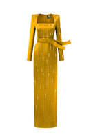 Yellow metallic belted train column gown by I.H.F featuring a trapeze neck and wind-blown train effect in stripped silk fabric.