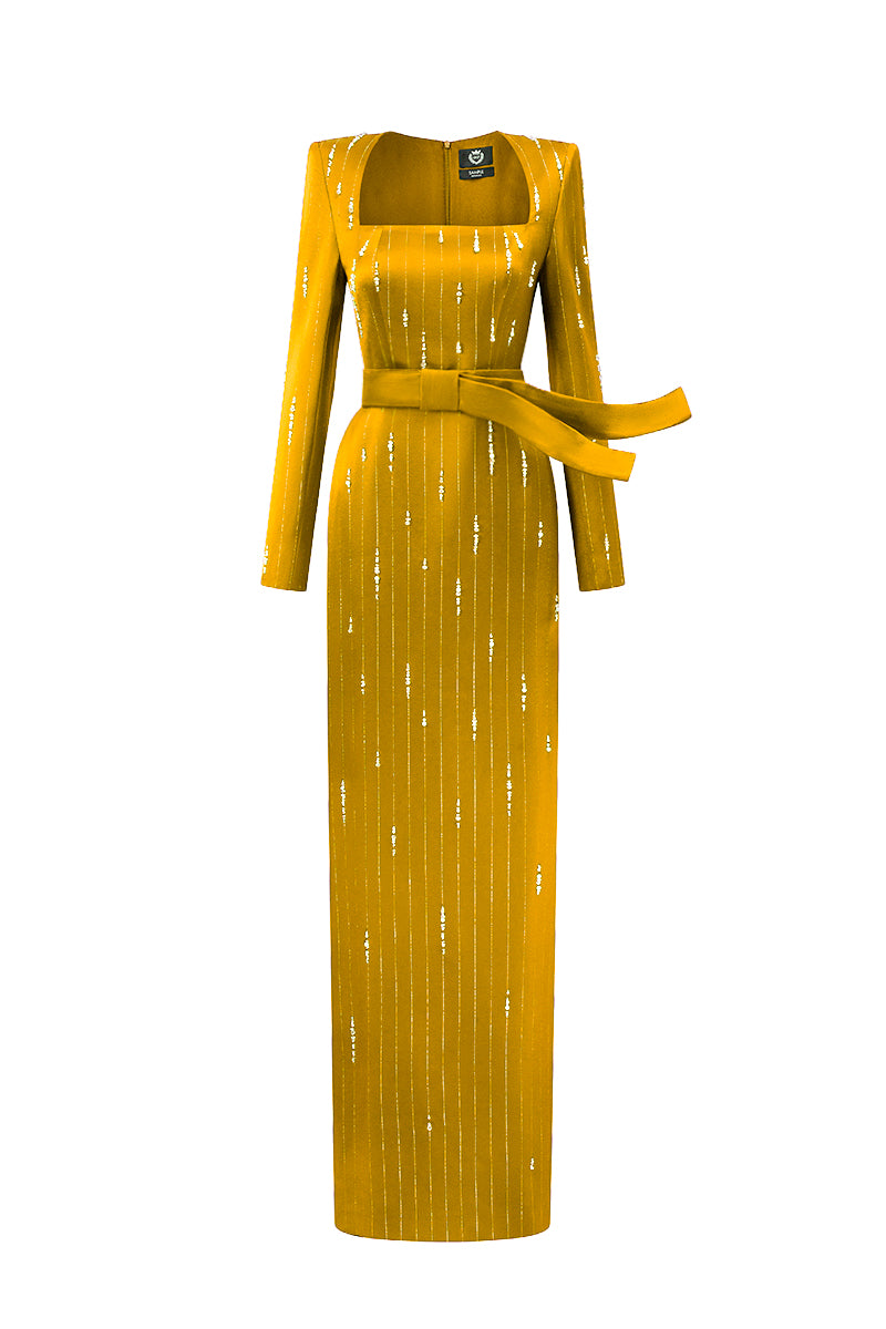 Yellow metallic belted train column gown by I.H.F featuring a trapeze neck and wind-blown train effect in stripped silk fabric.