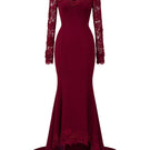 Elegant burgundy mermaid gown with trapeze neck and floral garden mesh lace, designed by I.H.F, featuring mullet details and crepe fabric.