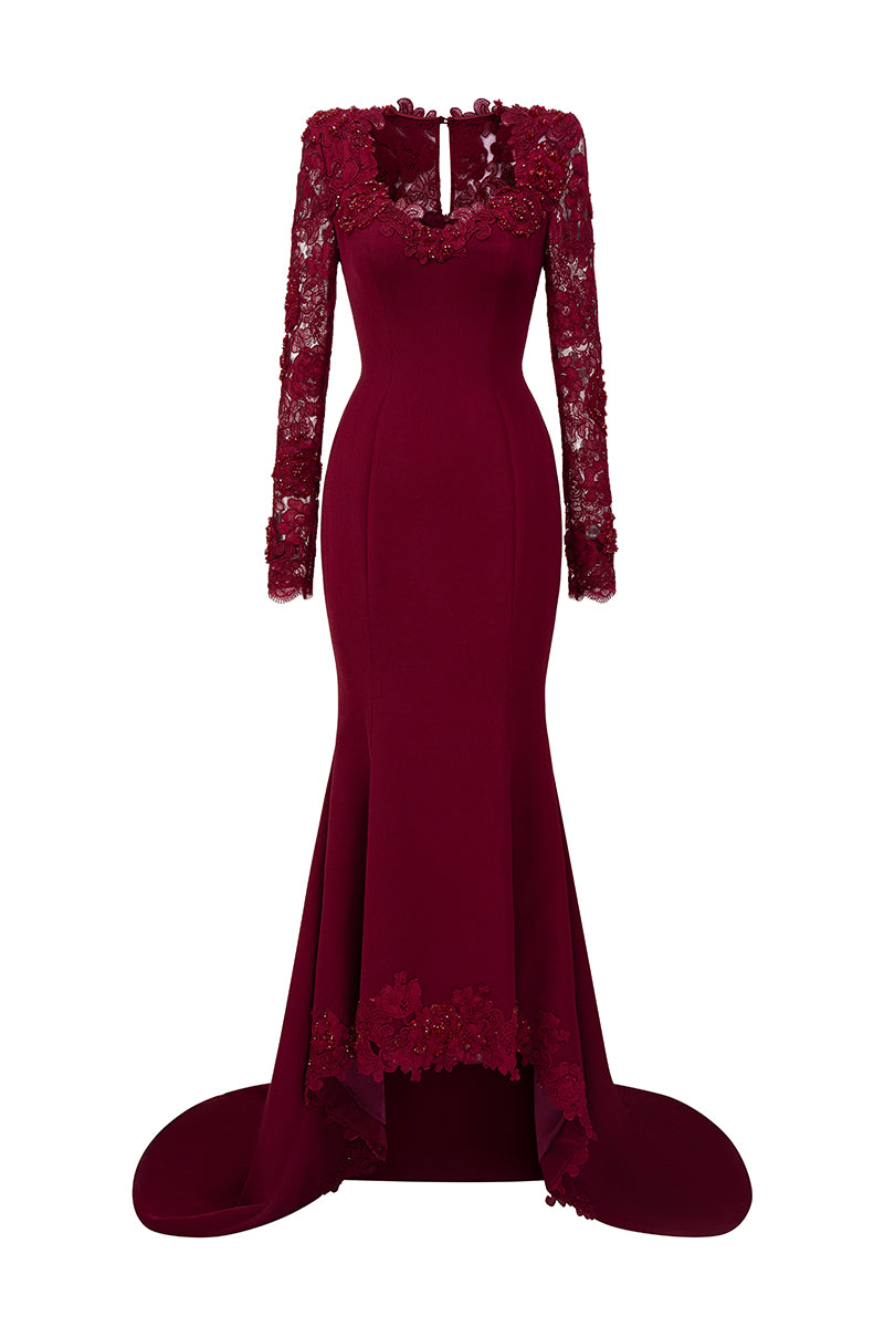 Elegant burgundy mermaid gown with trapeze neck and floral garden mesh lace, designed by I.H.F, featuring mullet details and crepe fabric.