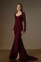 I.H.F burgundy mermaid gown with trapeze neck and floral garden mesh lace, featuring a mullet hem and crepe fabric.