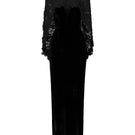 I.H.F black velvet V-neck caped column gown with floral garden mesh lace and mullet cape, elegant evening gown.