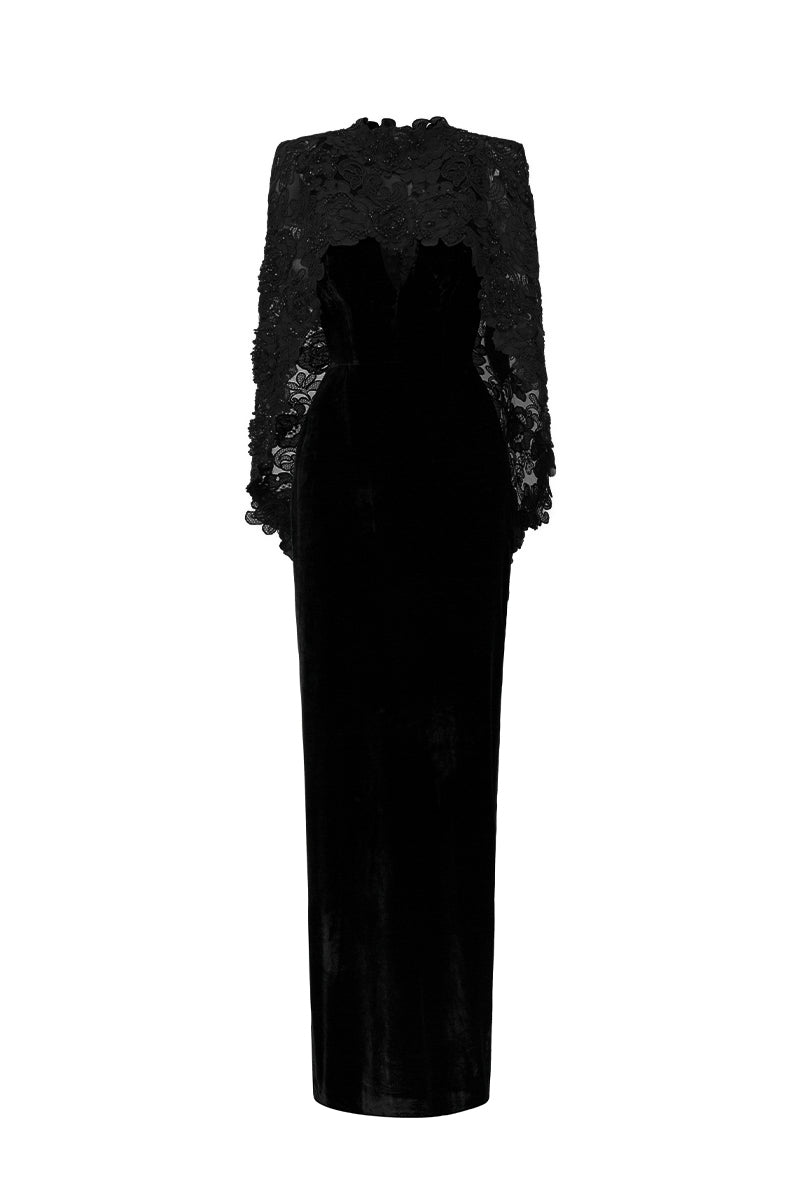 I.H.F black velvet V-neck caped column gown with floral garden mesh lace and mullet cape, elegant evening gown.