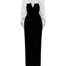 I.H.F black and white V-neck caped column gown with floral garden mesh lace and velvet fabric, featuring a mullet cape design.