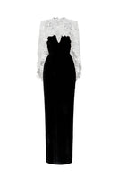 I.H.F black and white V-neck caped column gown with floral garden mesh lace and velvet fabric, featuring a mullet cape design.