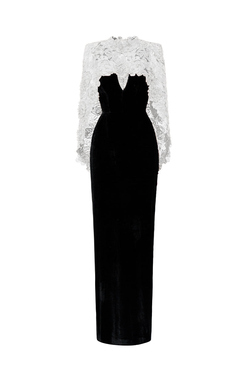 I.H.F black and white V-neck caped column gown with floral garden mesh lace and velvet fabric, featuring a mullet cape design.
