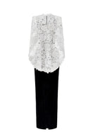 Black and white V-neck caped column gown by I.H.F, featuring velvet fabric and floral garden mesh lace detail.
