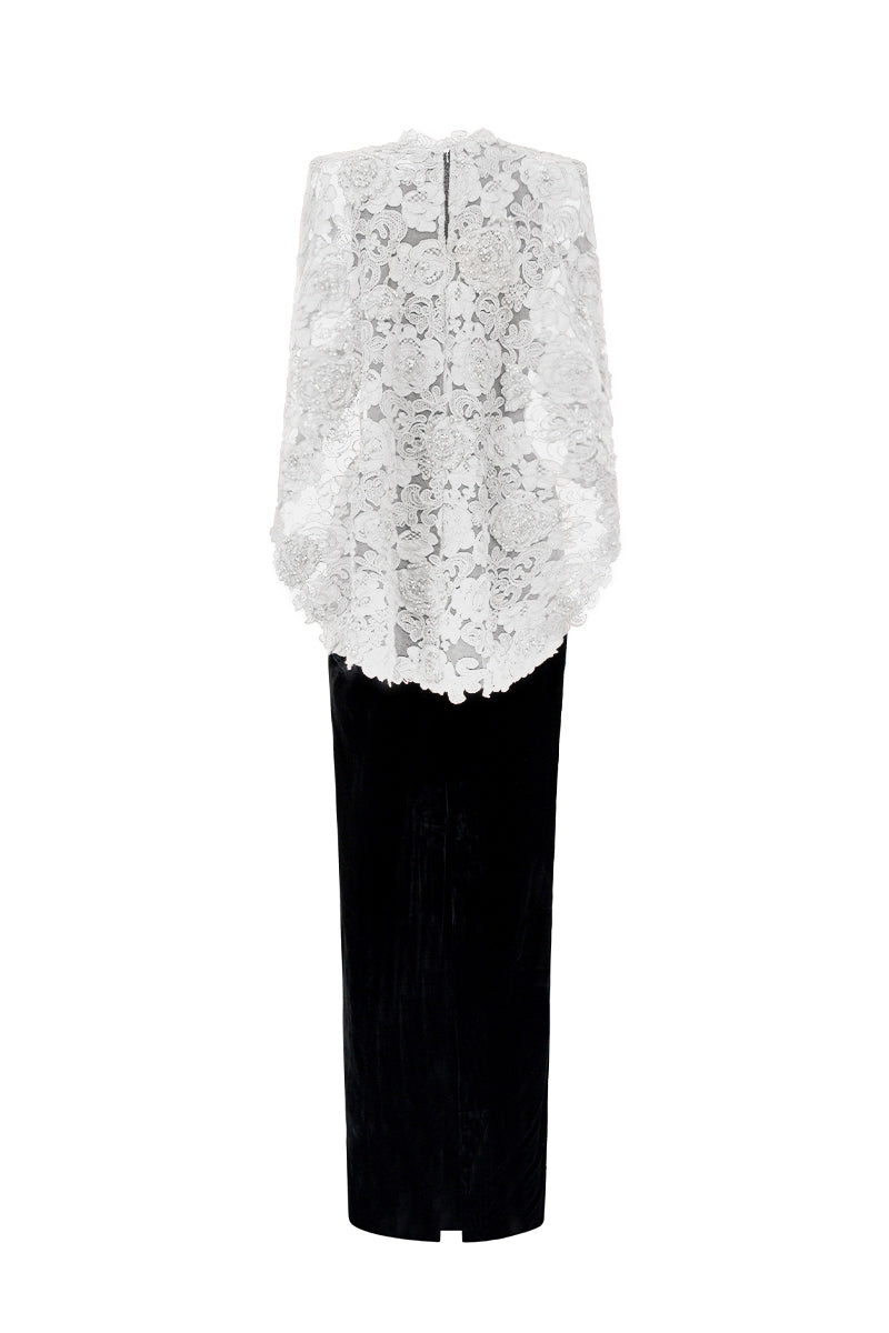 Black and white V-neck caped column gown by I.H.F, featuring velvet fabric and floral garden mesh lace detail.