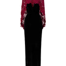 Black and burgundy V-neck caped gown by I.H.F featuring velvet fabric and floral mesh lace details.
