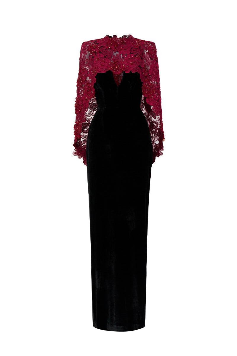 Black and burgundy V-neck caped gown by I.H.F featuring velvet fabric and floral mesh lace details.
