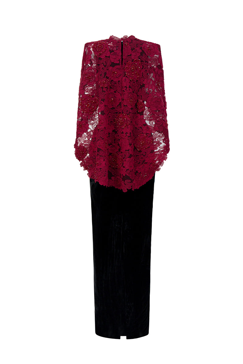 Black and burgundy V-neck caped gown by I.H.F featuring velvet fabric and red floral mesh lace details.