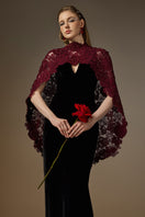 Black and burgundy V-neck caped gown with floral mesh lace from I.H.F, featuring a velvet fabric and elegant mullet cape design.