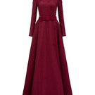 I.H.F burgundy crystal-embellished guipure lace A-line gown with a round neckline, elegant and flowing design.