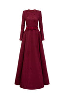 I.H.F burgundy crystal-embellished guipure lace A-line gown with a round neckline, elegant and flowing design.
