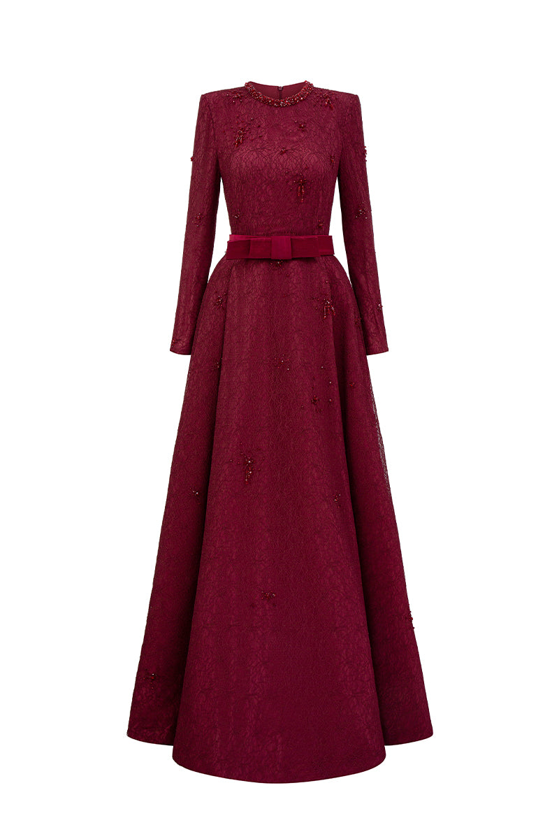 I.H.F burgundy crystal-embellished guipure lace A-line gown with a round neckline, elegant and flowing design.